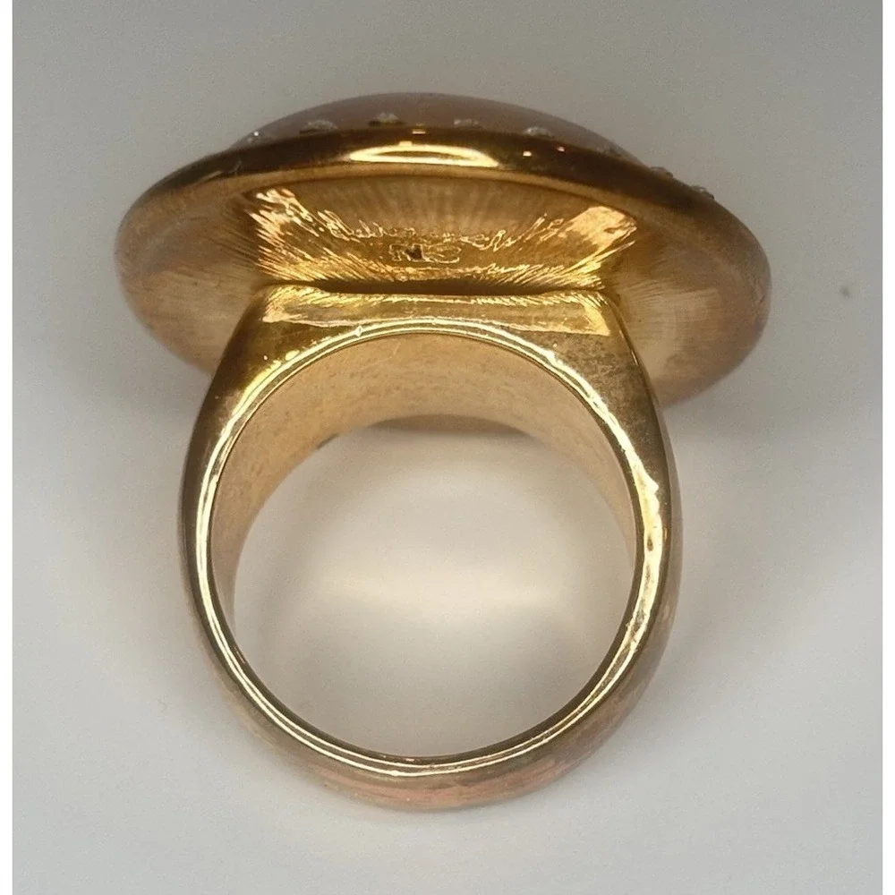 Huge Rose Quartz Cabochon Ring Size 9 Gold Tone Rhinestone Statement